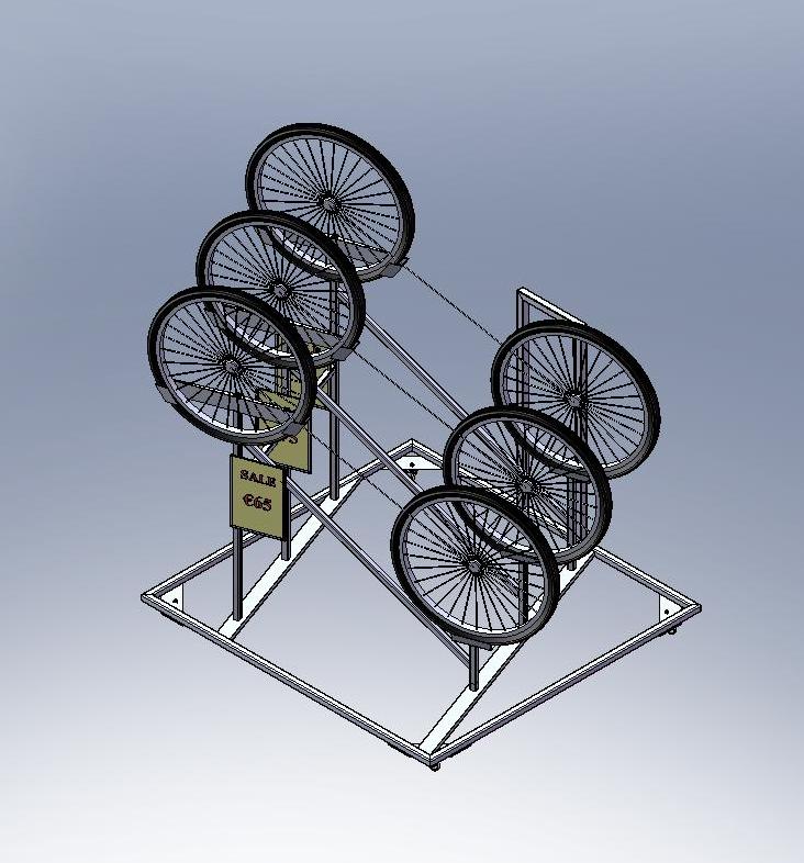 Metal Bicycle Wheel Display Stand manufactured by Techrail Purpose-built retail stand for presenting and storing bicycle wheels.