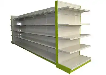 Double-Sided Gondola Retail Shelving manufactured by Techrail Freestanding metal gondola shelving with adjustable shelves and contrasting edge trim.