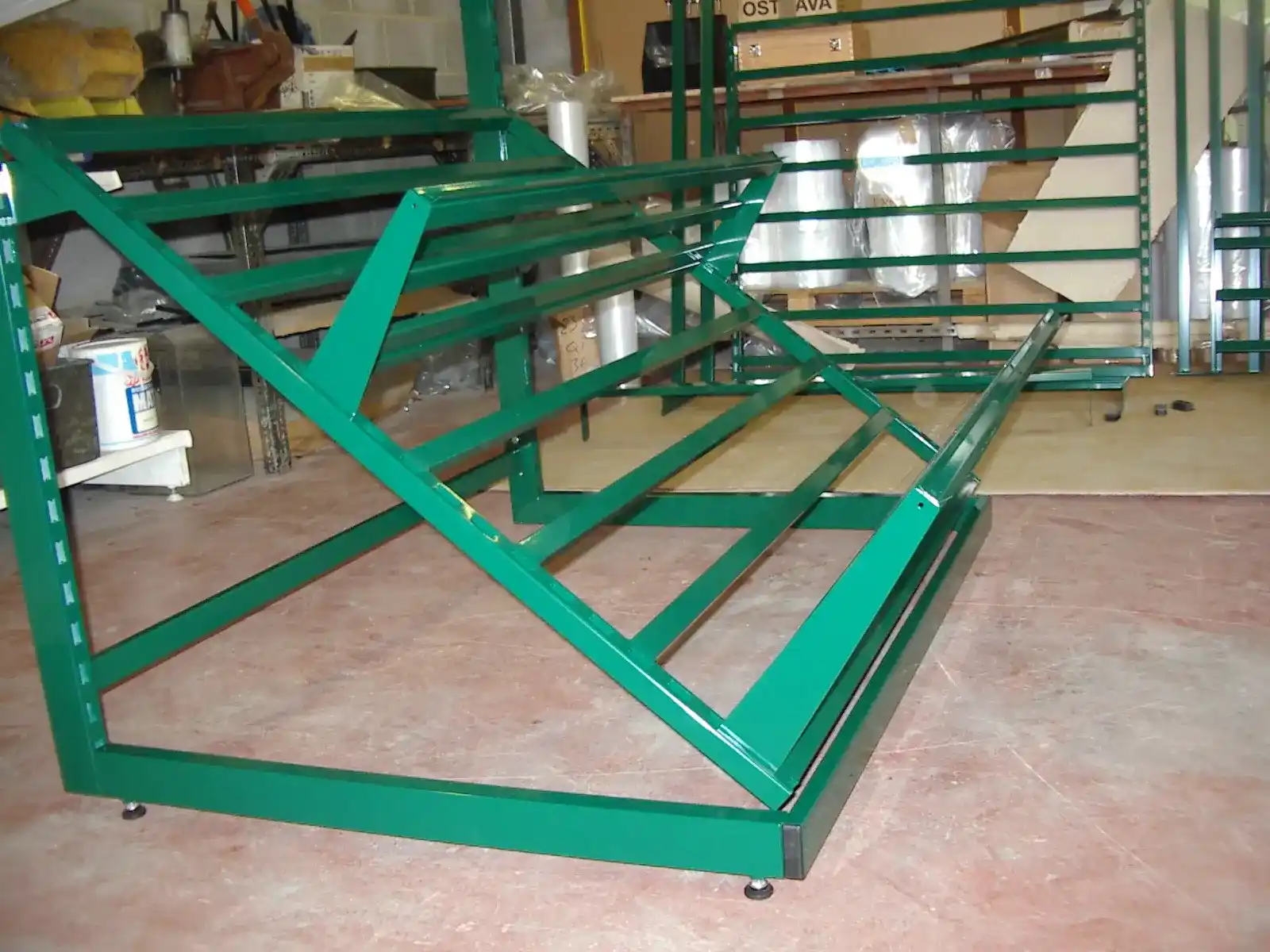 Powder-Coated Retail Produce Display Frame manufactured by Techrail Fabricated steel framework manufactured for a tiered fruit and vegetable retail display.