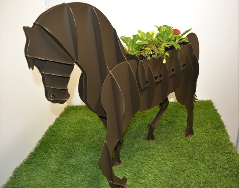 Laser-Cut Horse-Shaped Steel Planter manufactured by Techrail Bespoke outdoor planter assembled from decorative laser-cut steel panels.